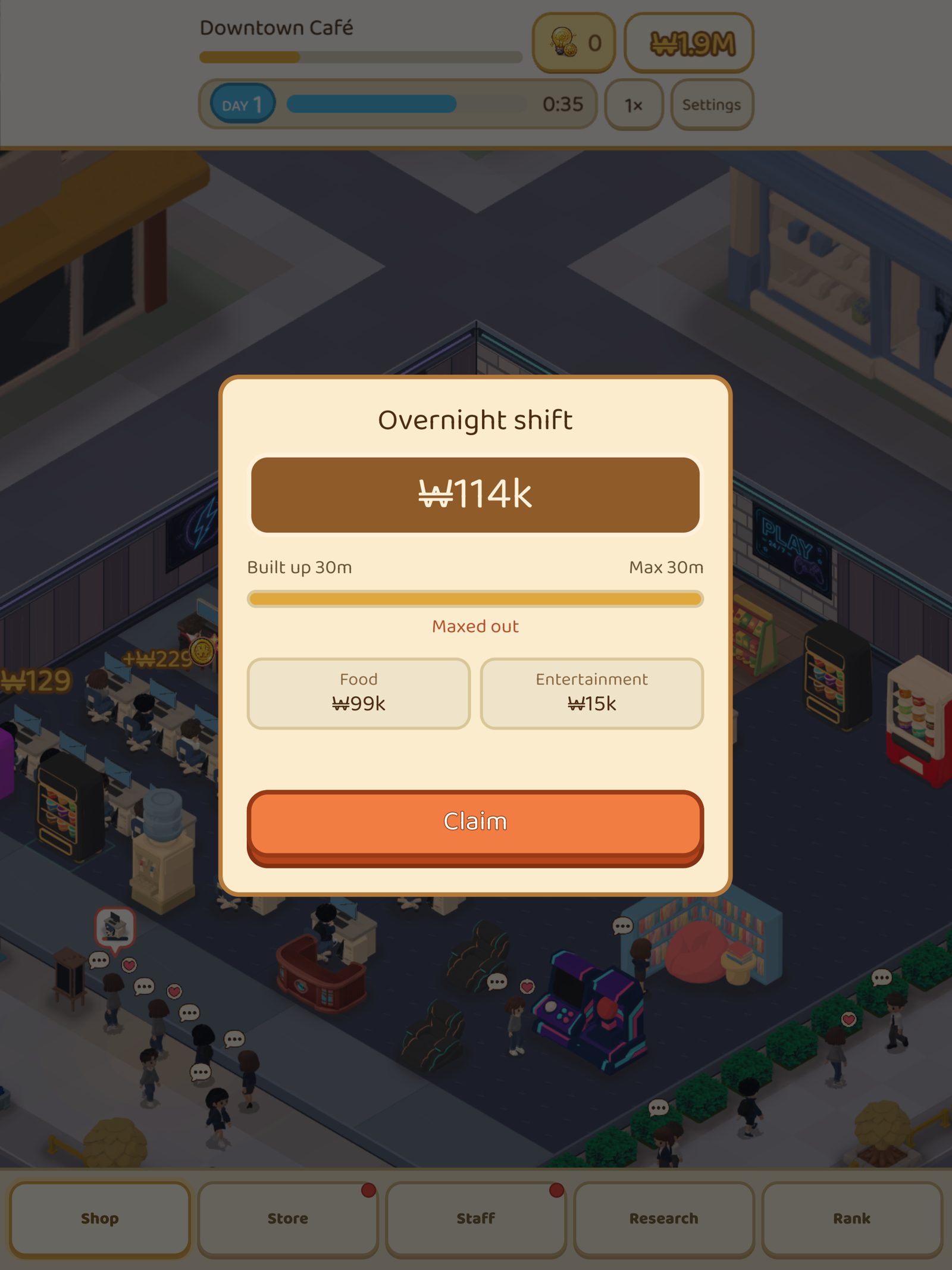 Overnight shift pop-up in PC Cafe Tycoon. The earnings built up, split into food and entertainment, with a claim button