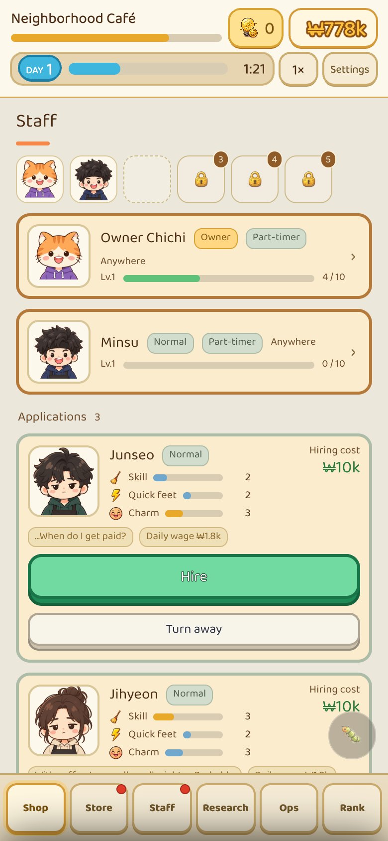 Internet Cafe Tycoon Staff screen showing a part-time applicant's stats and hiring cost