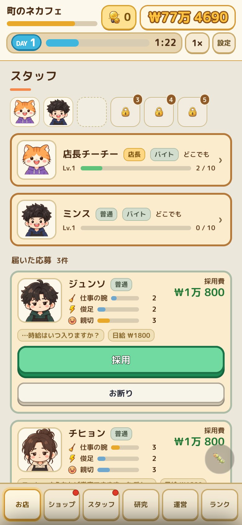 ネカフェ経営のスタッフ画面。バイト応募者の能力値と採用費が表示されている