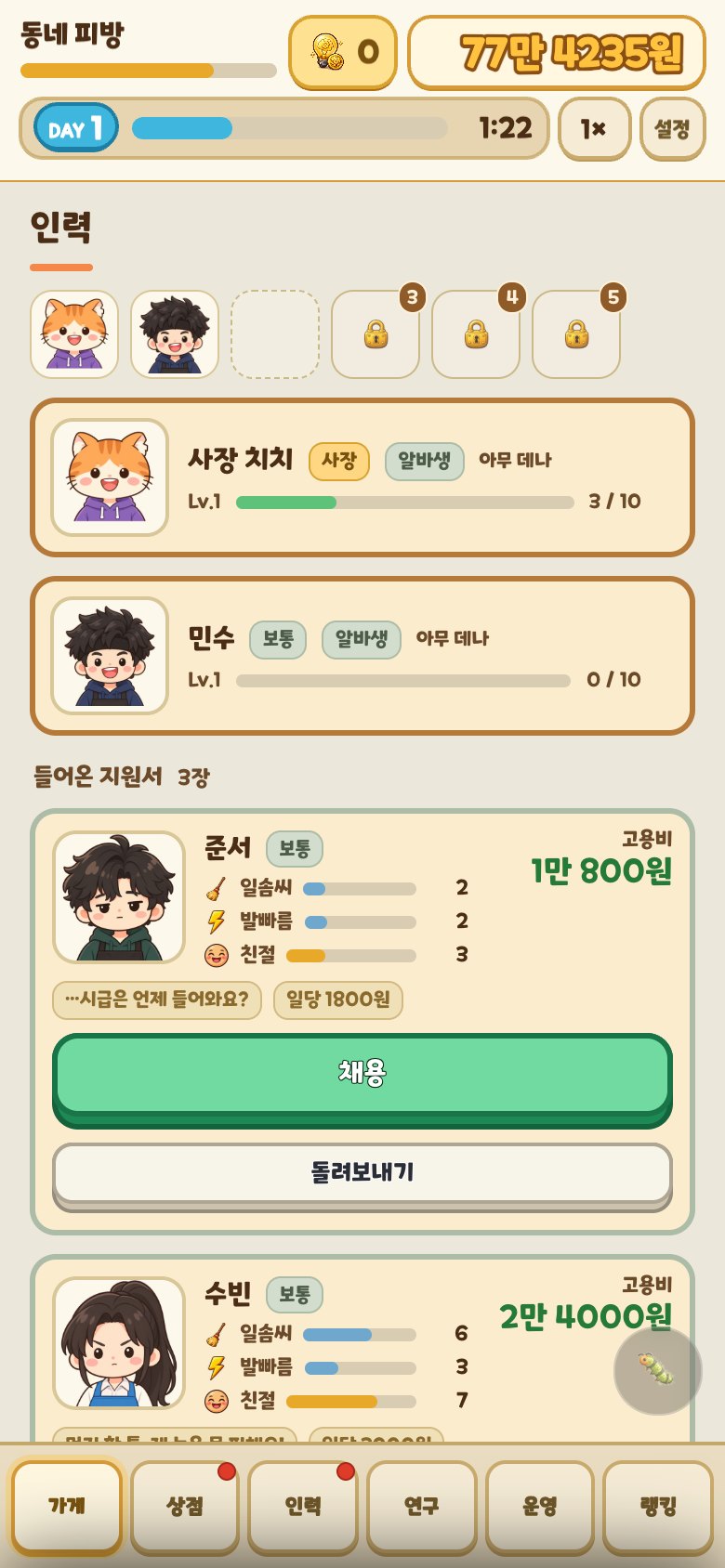 PC방 키우기 인력 화면. 알바 지원자의 능력치와 고용비가 보인다