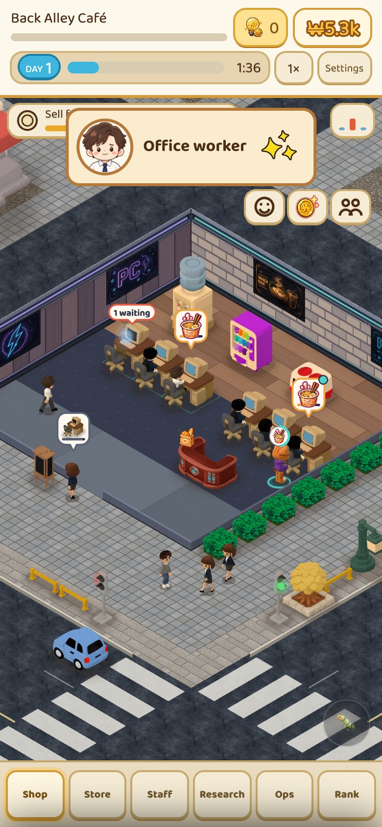 Internet Cafe Tycoon during a business day. Guests sit at PCs, with the cash on hand and the day counter along the top of the screen