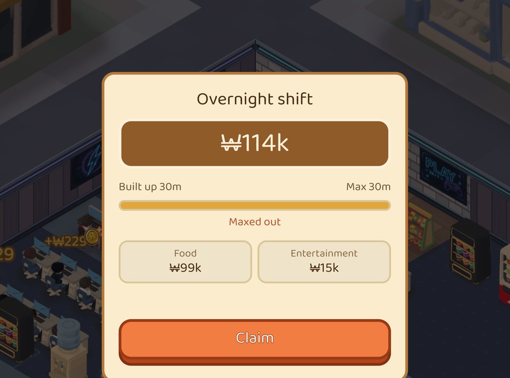 The overnight earnings popup in PC Cafe Tycoon. It shows 30 minutes of built-up time with a 30-minute cap, and a claim button
