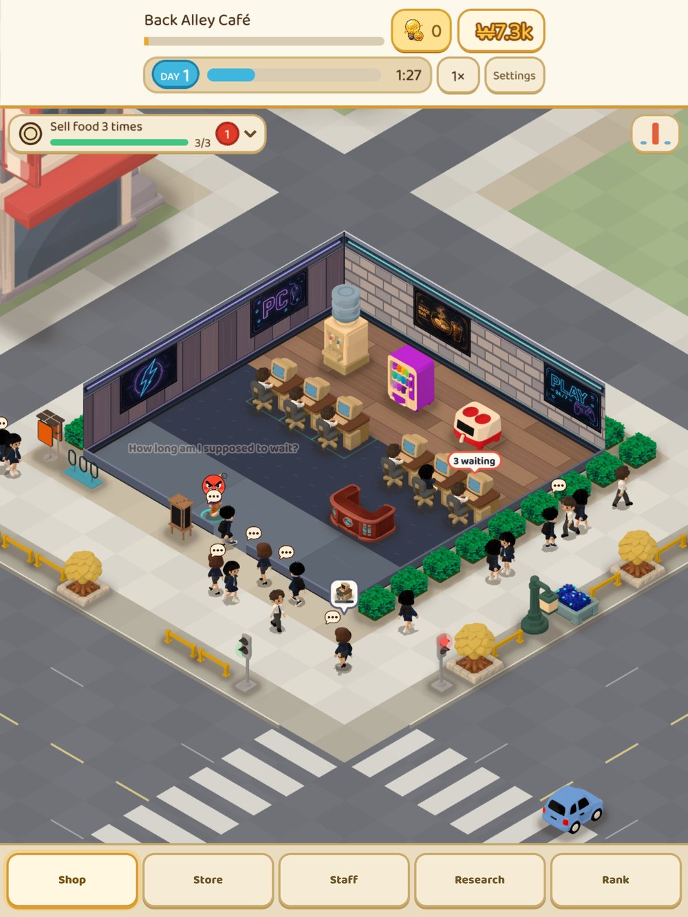 The back-alley PC cafe in PC Cafe Tycoon. Customers come and go on the street in front of the building, and a goal for selling snacks 3 times sits at the top
