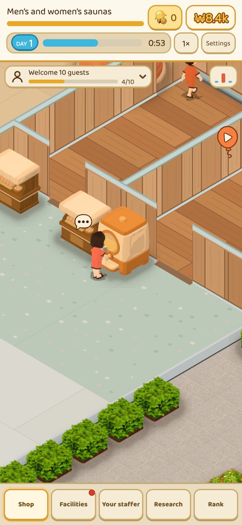 Korean Spa Tycoon screen. A speech bubble floats over a guest standing at the Sikhye Machine, with a kiosk beside it and another kiosk at the left edge