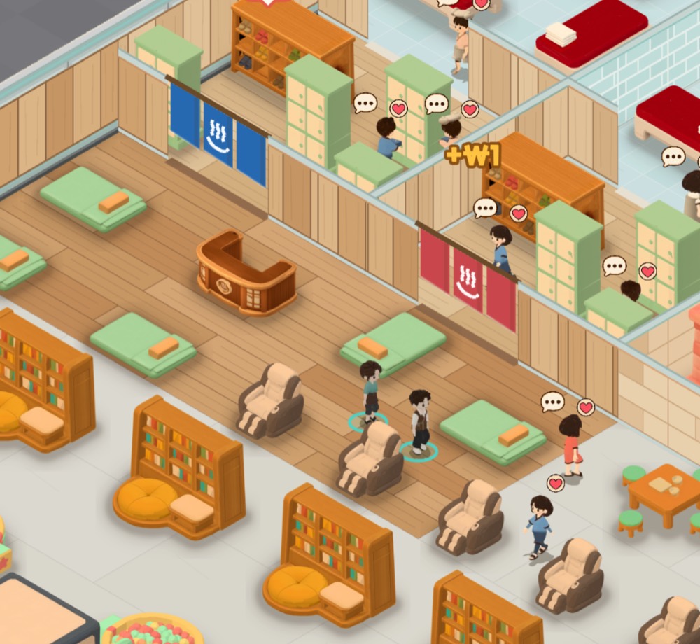 Screenshot from Korean Spa Tycoon: guests walk past blue and red curtained changing room entrances, lockers, rest mats, massage chairs and comic book shelves