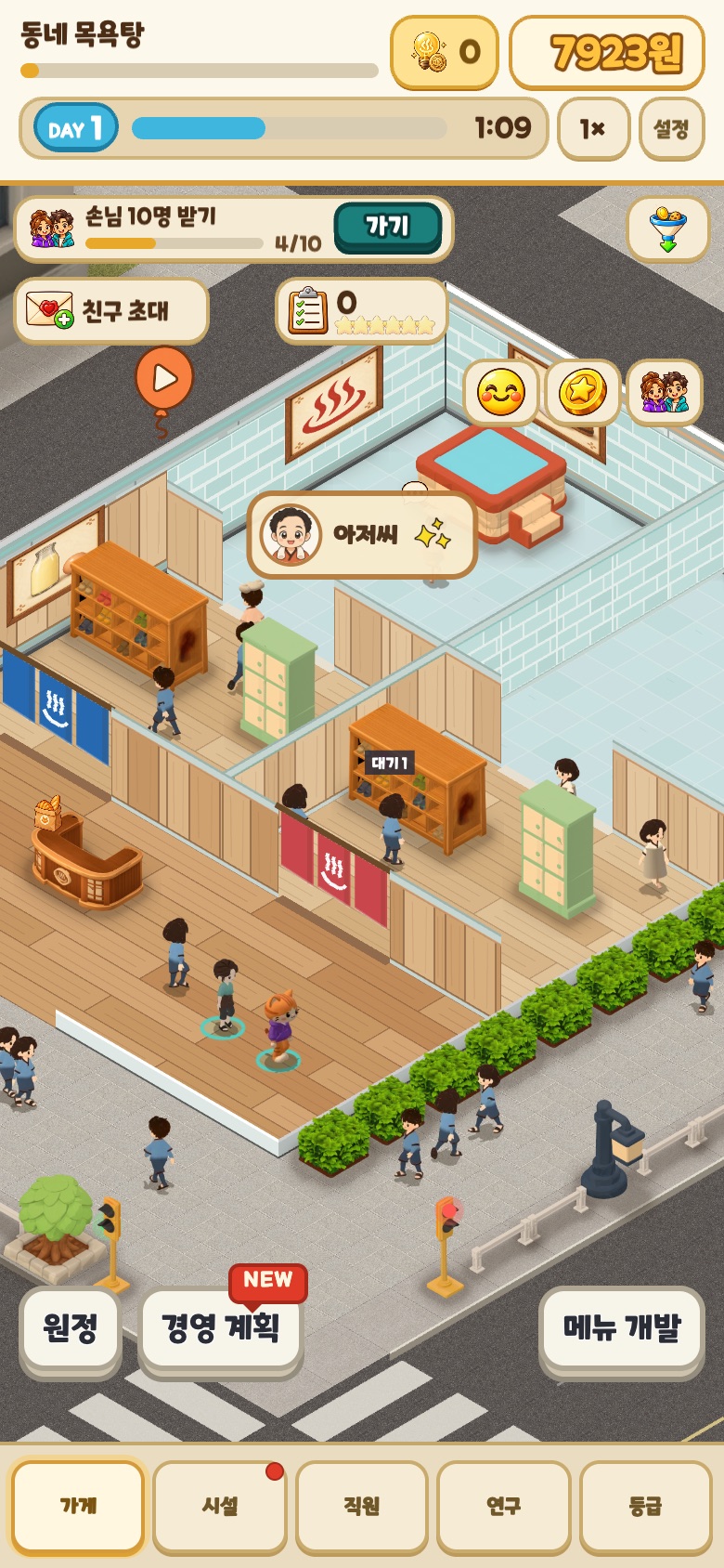 찜질방 키우기 플레이 화면. 신발장과 사물함, 탕이 보이고 손님들이 걸어 다니며 위쪽에 손님 10명 받기 목표가 4 대 10으로 보인다