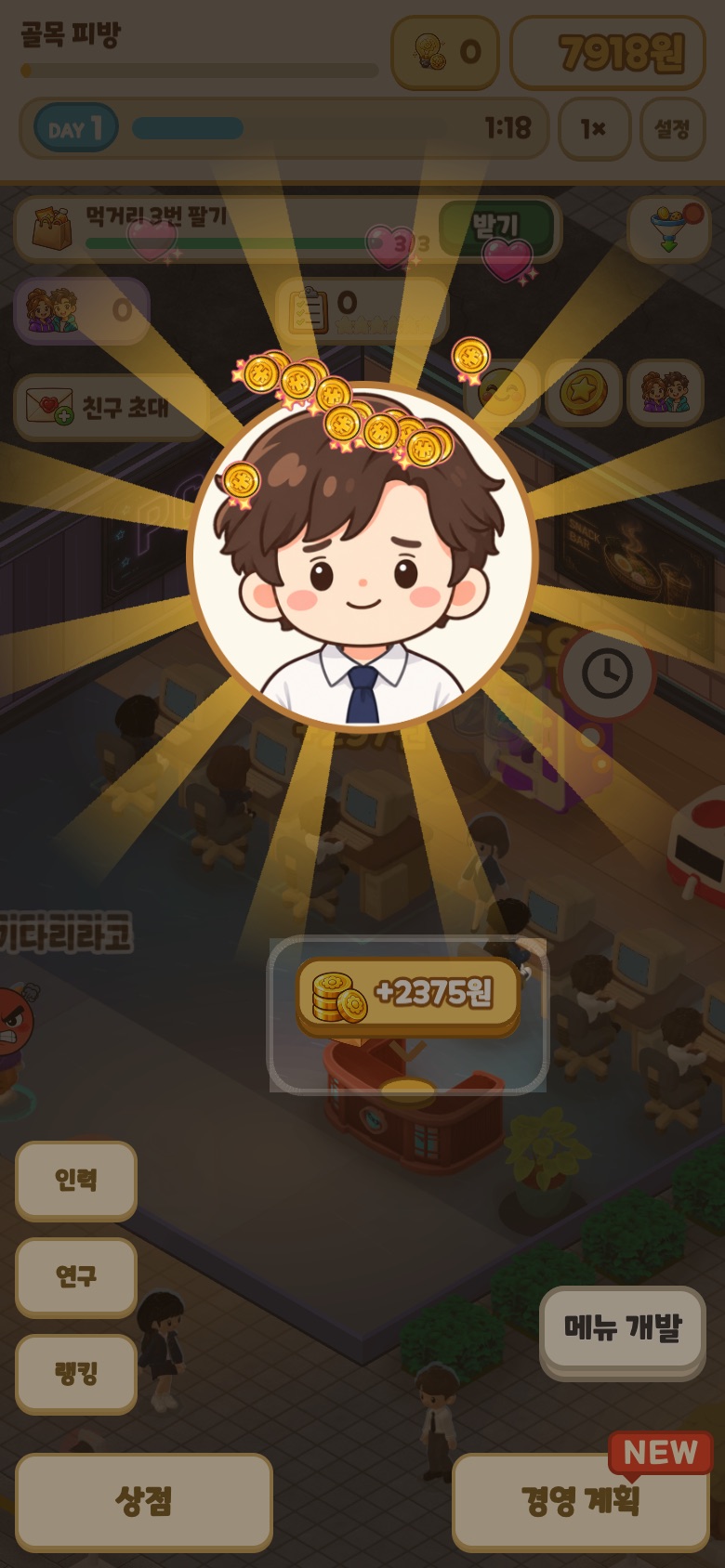 PC방 키우기에서 손님이 돈을 내자 화면 가운데에 손님 얼굴이 뜨고 금화가 터지며 +2,375원이 올라오는 장면