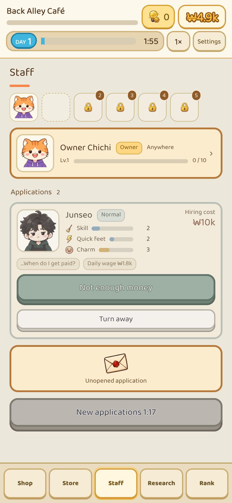 ネカフェ経営のスタッフ画面。上にバイト枠が並び、「Owner Chichi」の下に応募者「Junseo」の能力(Skill 2、Quick feet 2、Charm 3)と「Hiring cost ₩10k」「Daily wage ₩1.8k」が表示されている。採用ボタンは「Not enough money」で押せない