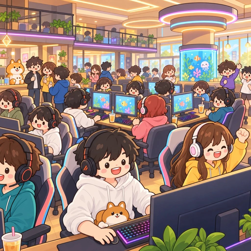 Cutscene art from PC Cafe Tycoon. Customers crowd the monitors in a big PC cafe with every seat taken up to the second floor
