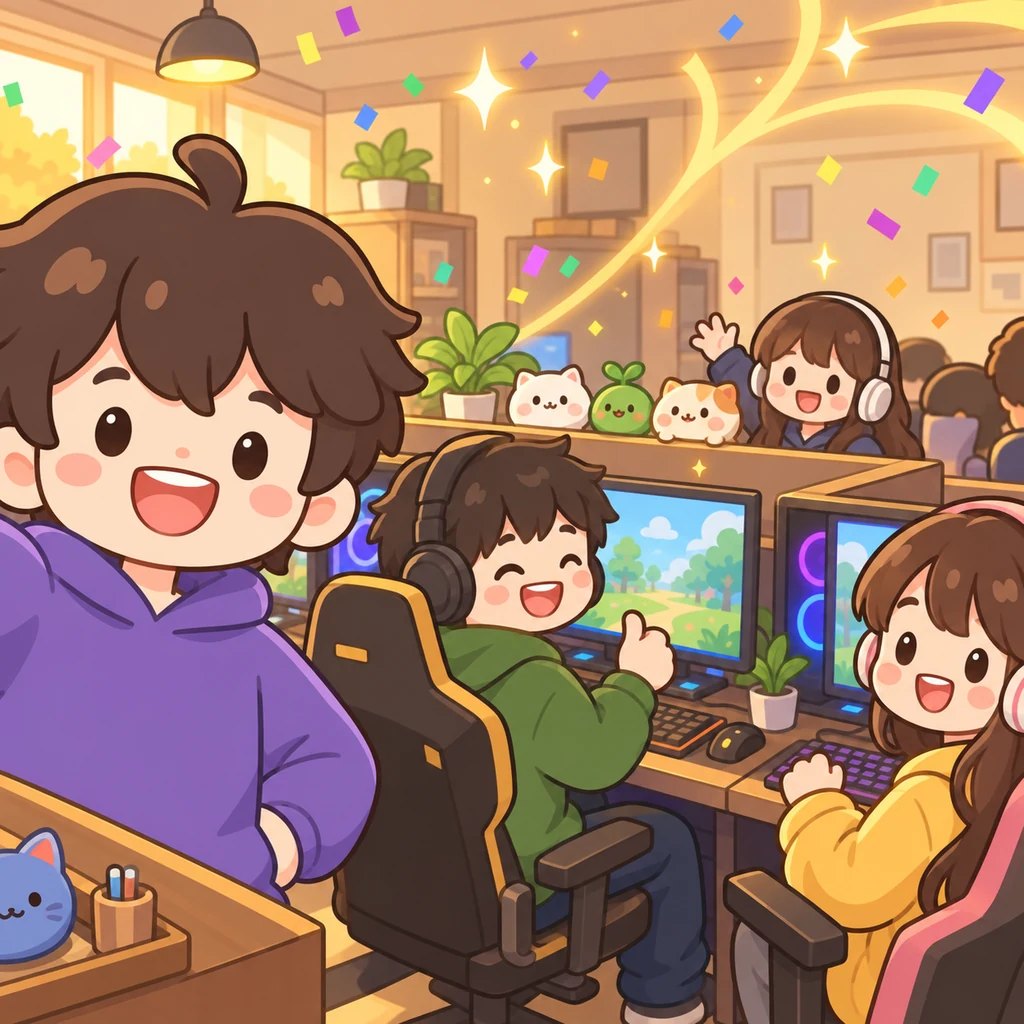 Cutscene art from PC Cafe Tycoon. Friends wearing headsets play side by side next to the owner in a purple hoodie