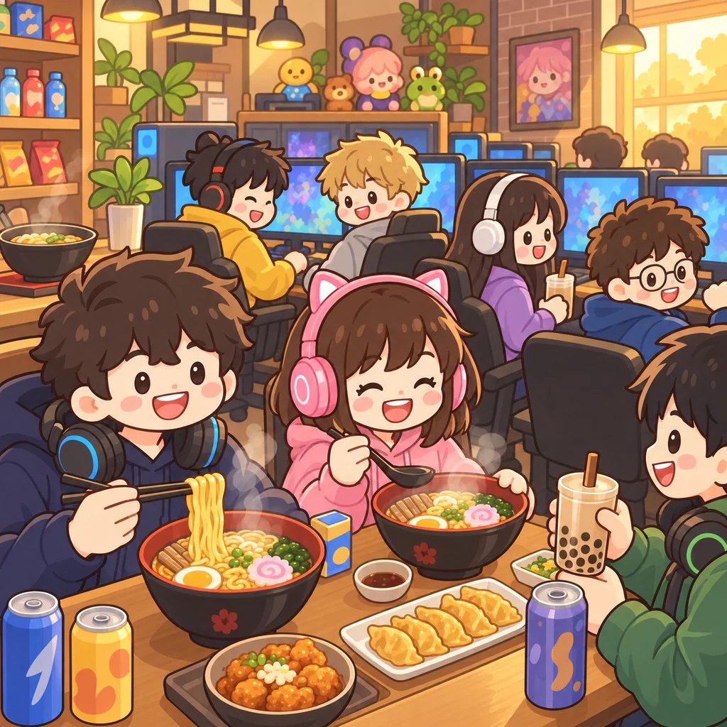 Cutscene art from PC Cafe Tycoon. Customers take a break from gaming with ramen, fried snacks and drinks in front of them
