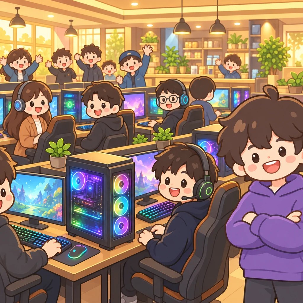 Cutscene art from PC Cafe Tycoon. The owner grins with arms folded in front of a high-end PC with flashy lighting while customers wave behind