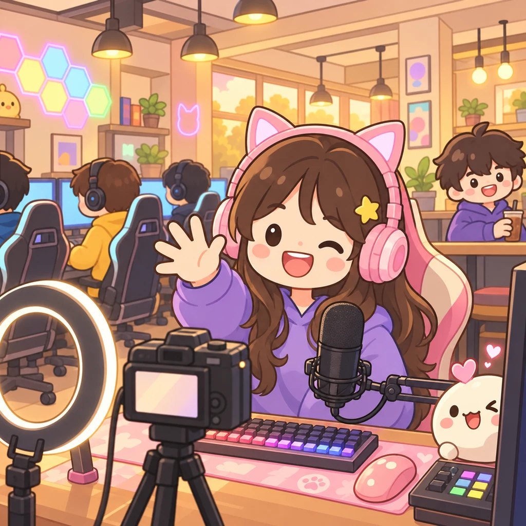 Cutscene art from PC Cafe Tycoon. A streamer customer in cat-ear headphones waves in front of a ring light and camera