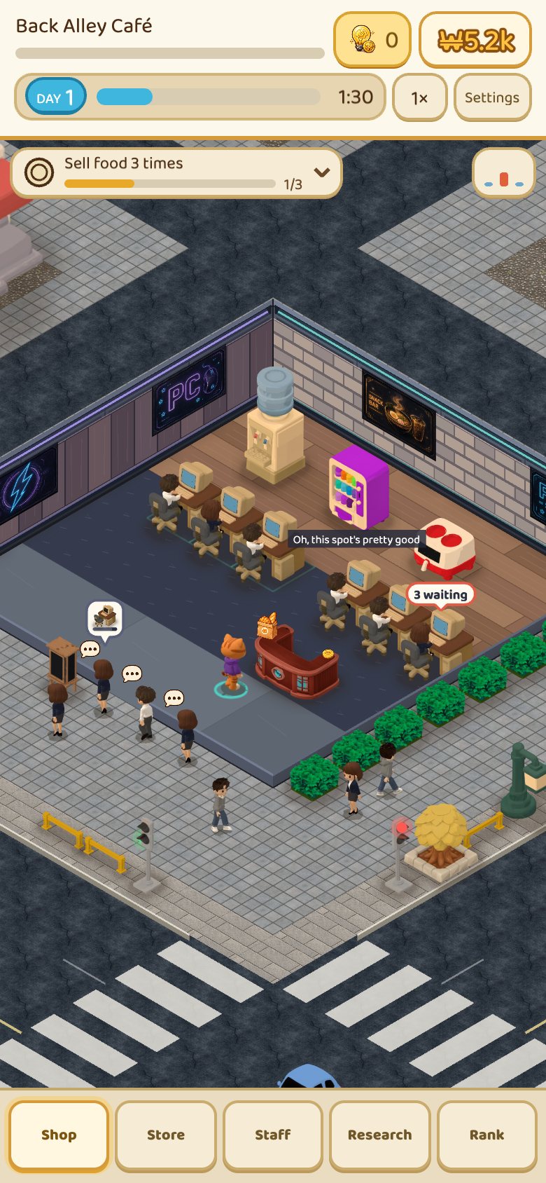 Business screen of PC Cafe Tycoon. Customers sit in a back-alley cafe with six seats, with a day progress bar and cash on hand along the top