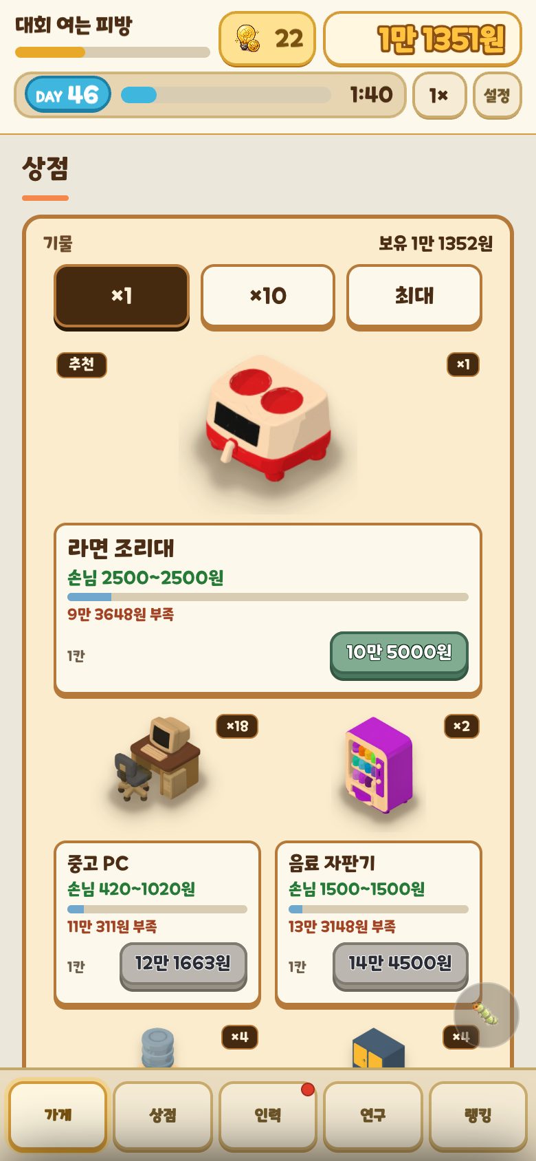 PC방 키우기 상점 화면. 라면 조리대 10만 5천 원, 중고 PC 12만 원, 음료 자판기 14만 원 같은 가격이 보이고 위에 ×1, ×10, 최대 버튼이 있다