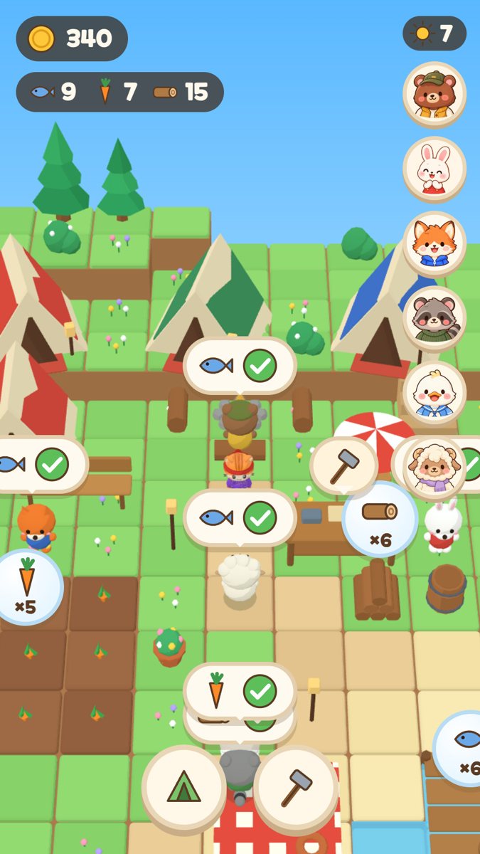 ChichiCampのプレイ画面。動物のキャラクターをタップしてお金をためる放置型の画面