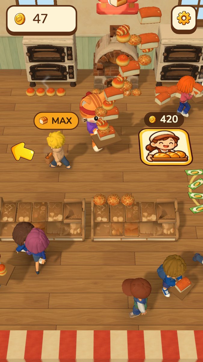 パン屋さんゲームBakery Dashのプレイ画面。オーブンの前でパンを運ぶ店員とお客さんが見える